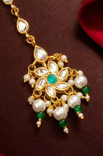 Teal floral kundan maang tikka