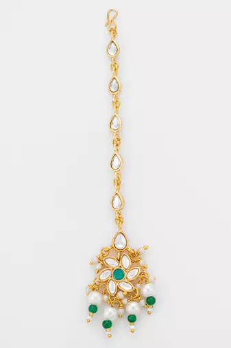Teal floral kundan maang tikka