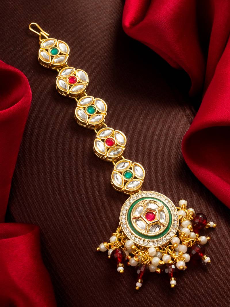 Green meenakari kundan maang tikka