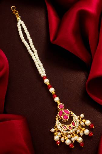 Ruby floral pearl maang tikka