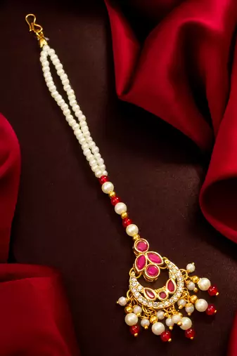 Ruby floral pearl maang tikka