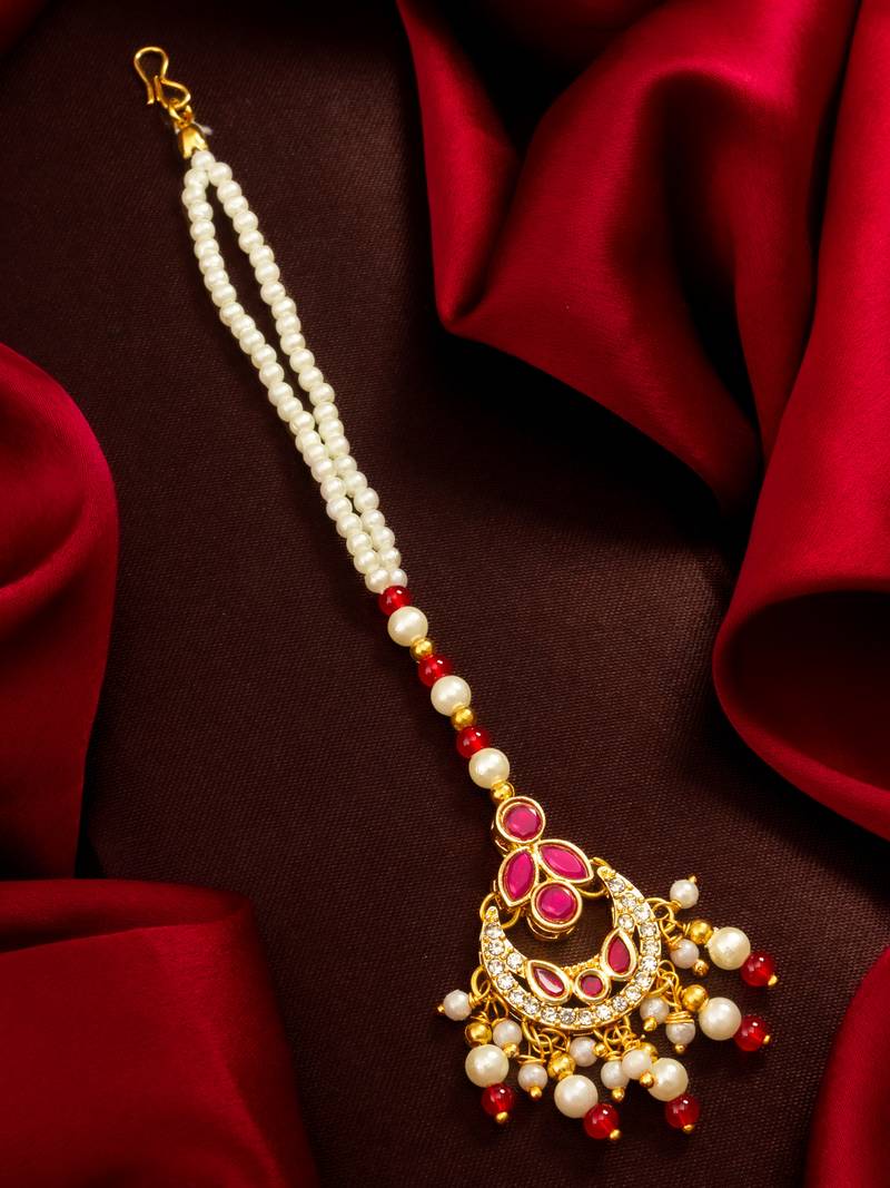 Ruby floral pearl maang tikka