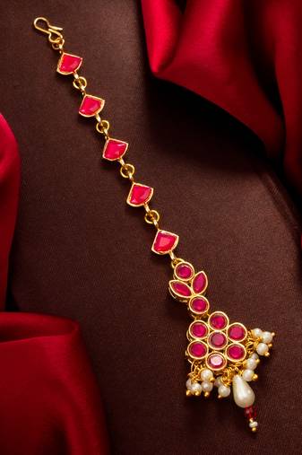 Ruby floral pearl drop maang tikka