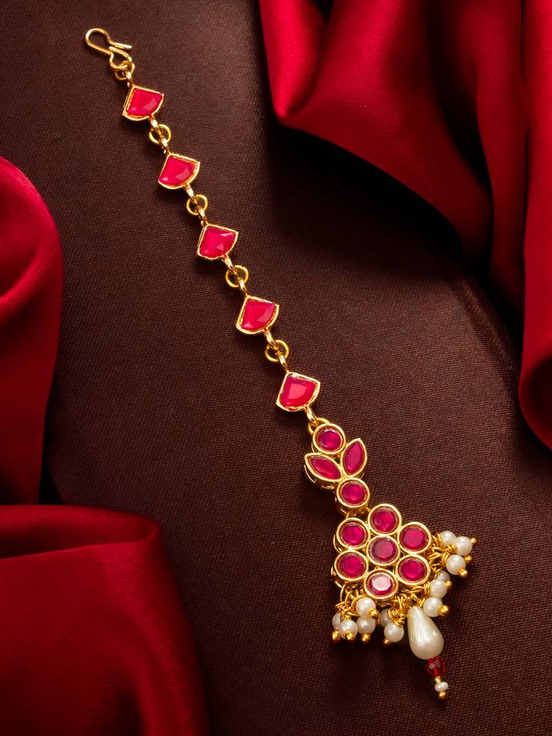 Ruby floral pearl drop maang tikka