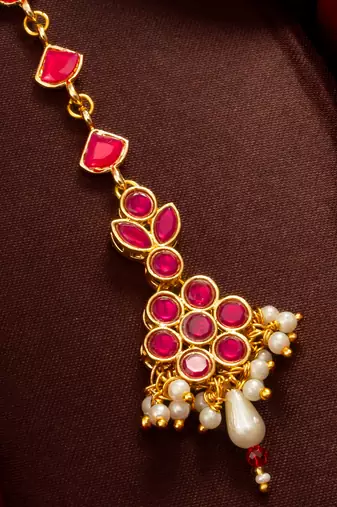 Ruby floral pearl drop maang tikka