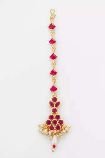 Ruby floral pearl drop maang tikka