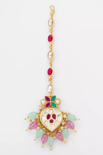Heart kundan pastel maang tikka