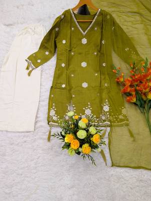  lime green silk blend embroidered kurta palazzo set with dupatta for festive & casual ethnic wear 2