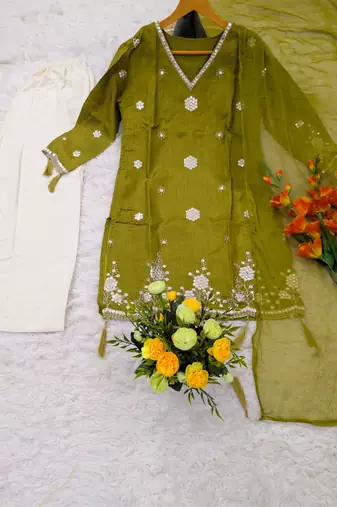  lime green silk blend embroidered kurta palazzo set with dupatta for festive & casual ethnic wear