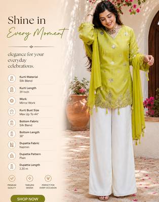  lime green silk blend embroidered kurta palazzo set with dupatta for festive & casual ethnic wear 2