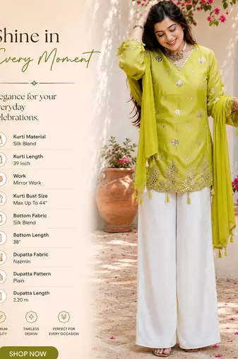  lime green silk blend embroidered kurta palazzo set with dupatta for festive & casual ethnic wear