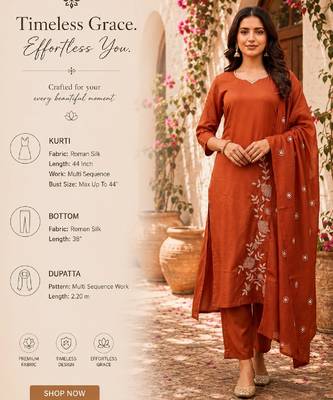 Rust embroidered  straight roman silk blend kurta set for women 2