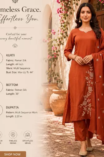 Rust embroidered  straight roman silk blend kurta set for women