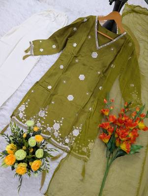  lime green silk blend embroidered kurta palazzo set with dupatta for festive & casual ethnic wear 3