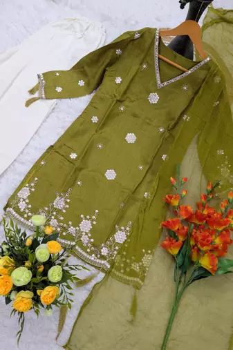  lime green silk blend embroidered kurta palazzo set with dupatta for festive & casual ethnic wear