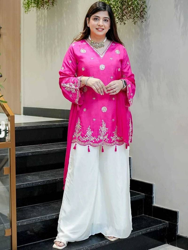  pink silk blend embroidered kurta palazzo set with dupatta for festive & casual ethnic wear