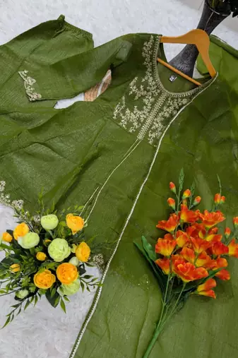 Pista Silk Blend Embroidered Kurta Palazzo Set Dupatta