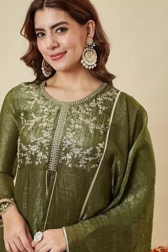  pista crunchy silk blend embroidered kurta palazzo set with dupatta 