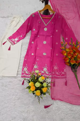  pink silk blend embroidered kurta palazzo set with dupatta for festive & casual ethnic wear