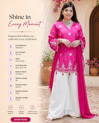  pink silk blend embroidered kurta palazzo set with dupatta for festive & casual ethnic wear 2