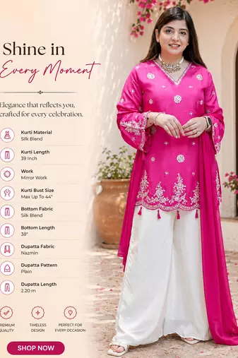  pink silk blend embroidered kurta palazzo set with dupatta for festive & casual ethnic wear