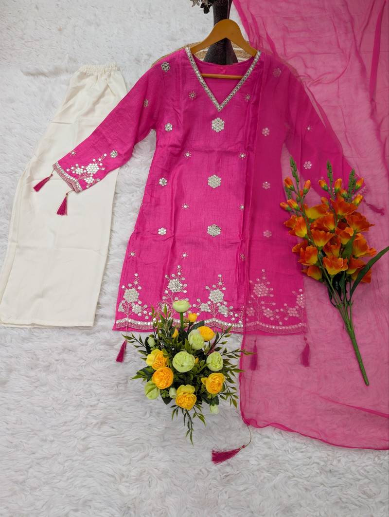  pink silk blend embroidered kurta palazzo set with dupatta for festive & casual ethnic wear