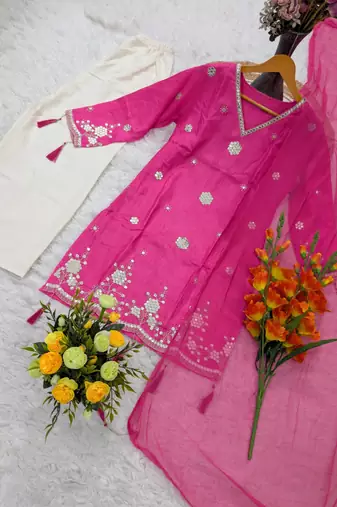  pink silk blend embroidered kurta palazzo set with dupatta for festive & casual ethnic wear