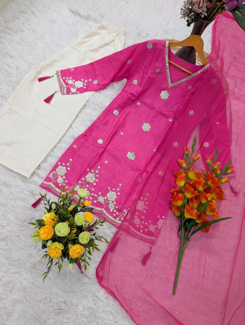  pink silk blend embroidered kurta palazzo set with dupatta for festive & casual ethnic wear