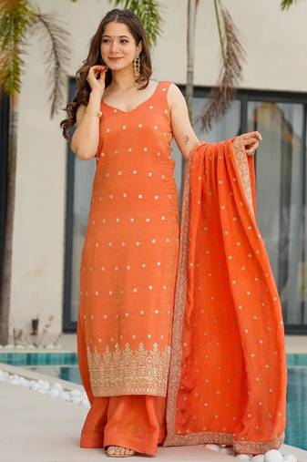  orange chinon embroidered kurta palazzo set with dupatta 