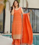  orange chinon embroidered kurta palazzo set with dupatta 