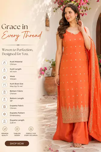  orange chinon embroidered kurta palazzo set with dupatta 
