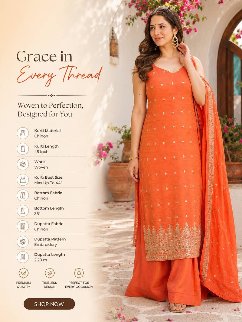  orange chinon embroidered kurta palazzo set with dupatta 