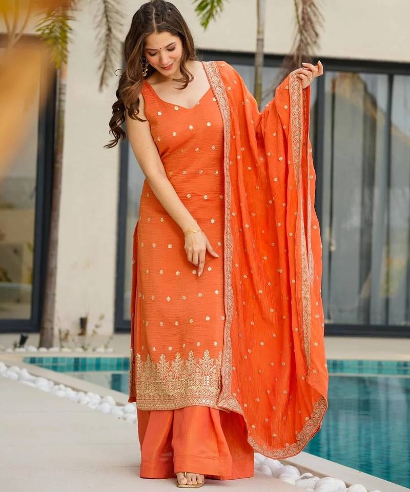  orange chinon embroidered kurta palazzo set with dupatta 