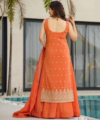  orange chinon embroidered kurta palazzo set with dupatta  4