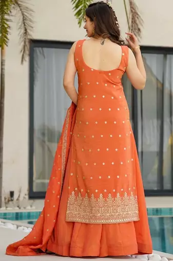  orange chinon embroidered kurta palazzo set with dupatta 