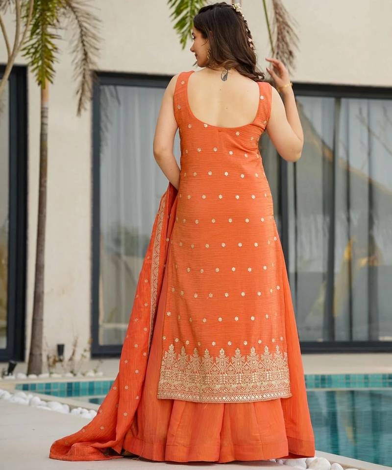  orange chinon embroidered kurta palazzo set with dupatta 