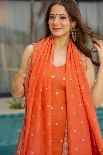  orange chinon embroidered kurta palazzo set with dupatta 