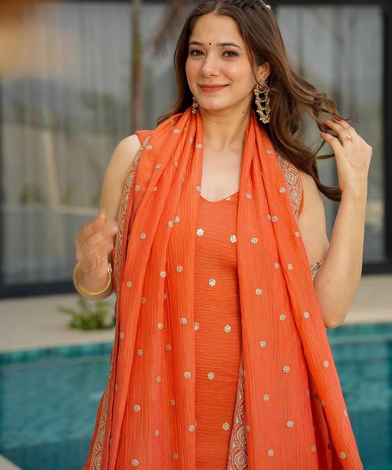  orange chinon embroidered kurta palazzo set with dupatta 
