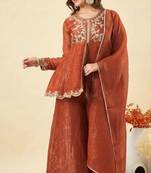  orange crunchy silk blend embroidered kurta palazzo set with dupatta 