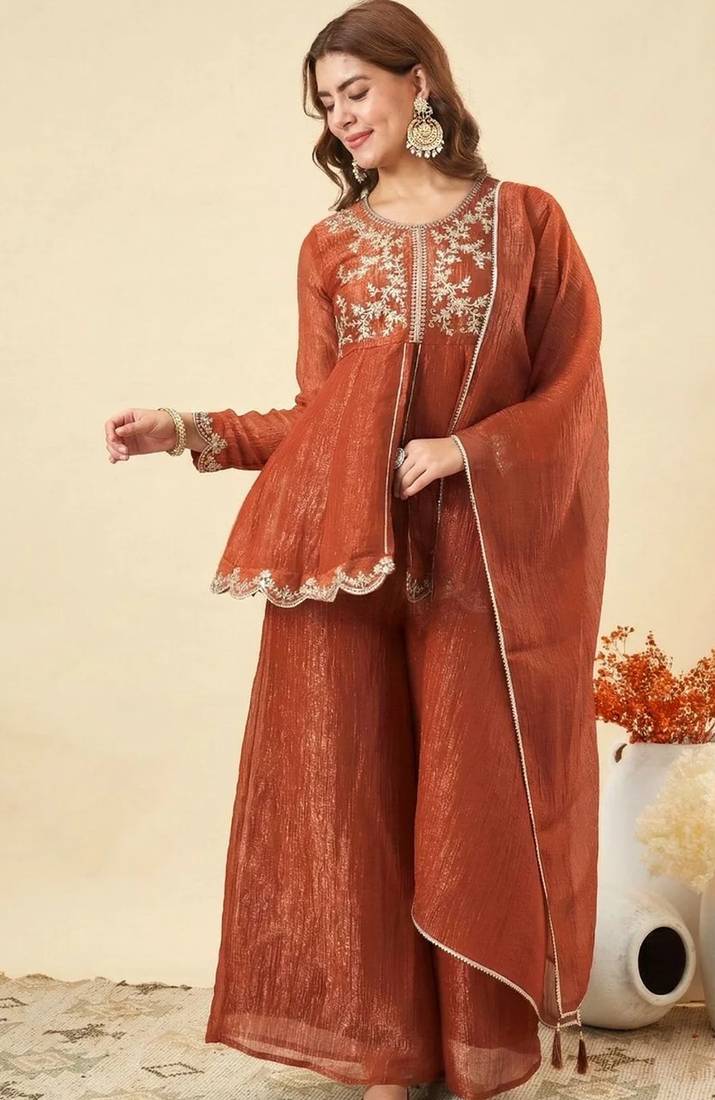  orange crunchy silk blend embroidered kurta palazzo set with dupatta 