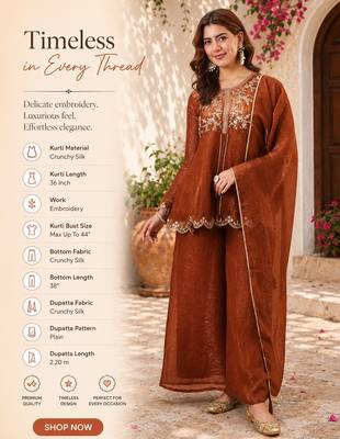  orange crunchy silk blend embroidered kurta palazzo set with dupatta  2