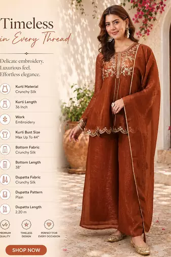  orange crunchy silk blend embroidered kurta palazzo set with dupatta 
