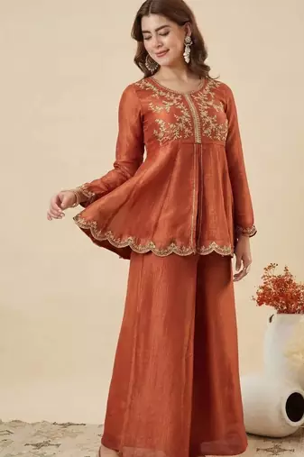  orange crunchy silk blend embroidered kurta palazzo set with dupatta 
