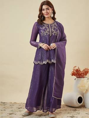  purple crunchy silk blend embroidered kurta palazzo set with dupatta  1