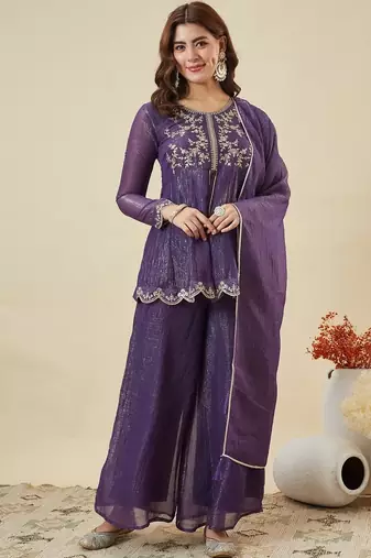  purple crunchy silk blend embroidered kurta palazzo set with dupatta 