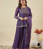  purple crunchy silk blend embroidered kurta palazzo set with dupatta 