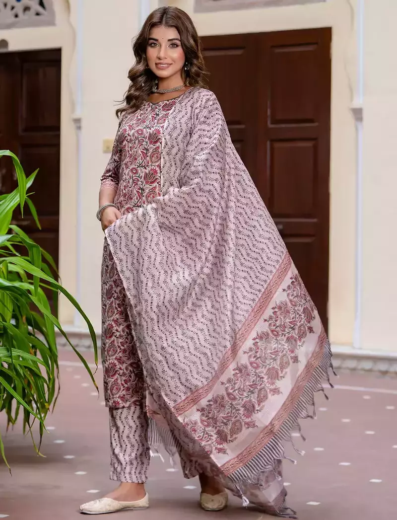 Floral Printed Pure Cotton Round_Neck Kurta Trouser And Dupatta Set