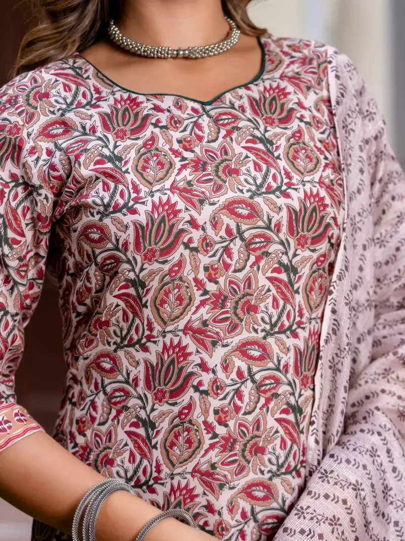 Floral Printed Pure Cotton Round_Neck Kurta Trouser And Dupatta Set