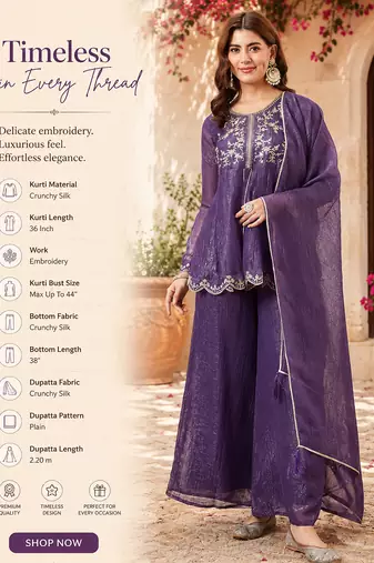  purple crunchy silk blend embroidered kurta palazzo set with dupatta 
