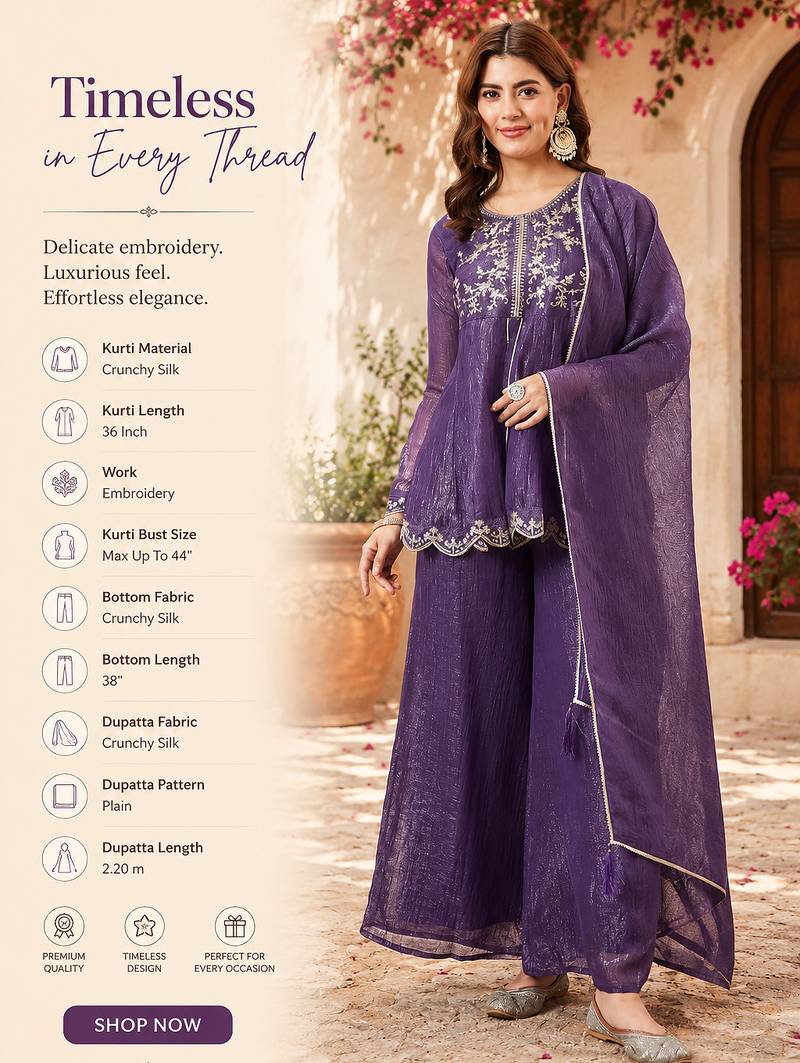  purple crunchy silk blend embroidered kurta palazzo set with dupatta 